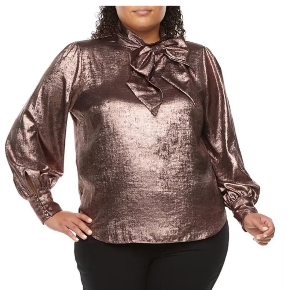 Ryegrass Womens Rose Gold‎ Metallic Bow Neck Blouse Long Sleeve Top 2X